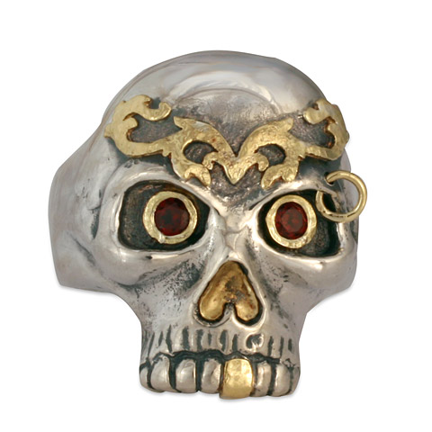 Bjorn's Skull Ring in 18K Yellow Gold, Silver & Garnet