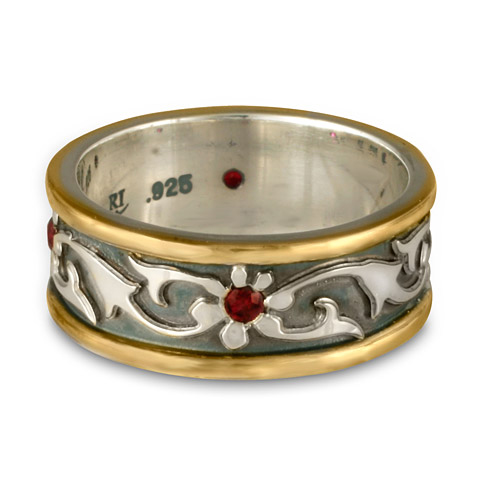 Bordered Persephone Wedding Ring with Gems in Sterling Silver Center & Base w/ 14K Yellow Gold Borders w/ Garnet