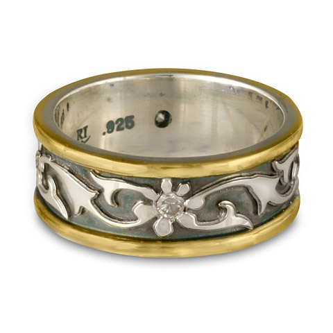Bordered Persephone Wedding Ring with Gems in Sterling Silver Center & Base w/ 18K Yellow Gold Borders w/ Diamond