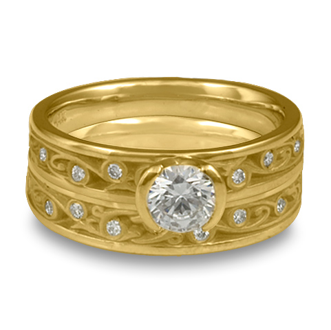 Extra Narrow Continuous Garden Gate Bridal Ring Set with Gems in 18K Yellow Gold