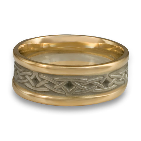 Extra Narrow Two Tone Celtic Arches Wedding Ring in 14K Yellow Gold Borders & White Gold Center