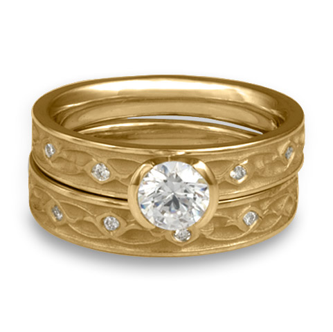 Extra Narrow Water Lilies Bridal Ring Set with Gems in 14K Yellow Gold
