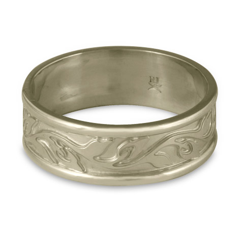 Narrow Bordered Flores Wedding Ring in 14K White Gold