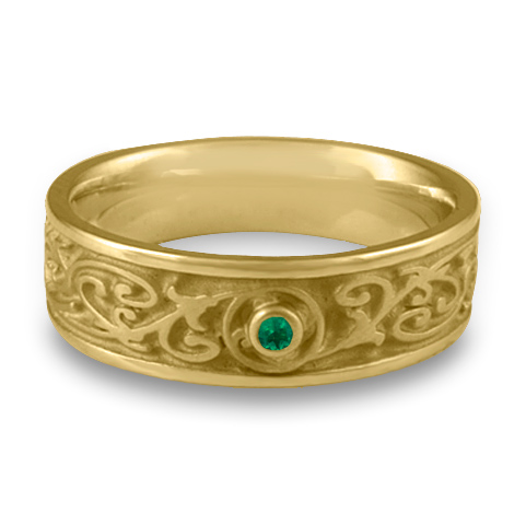 Narrow Garden Gate Wedding Ring with Gems in Yellow Gold With Emerald