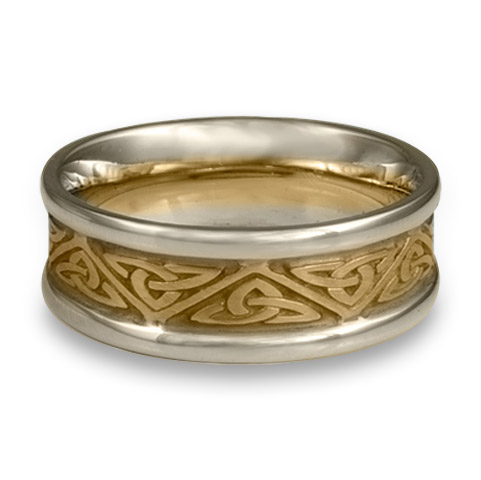 Narrow Two Tone Trinity Knot Wedding Ring in 14K Gold Yellow Borders/White Center Design