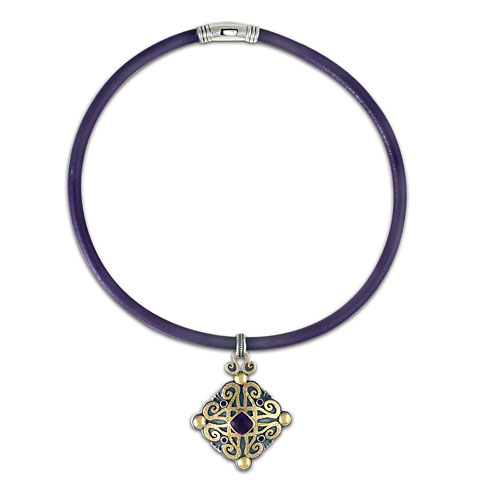 Shonifico Pendant on Leather in 14K Gold, Silver & Amethyst