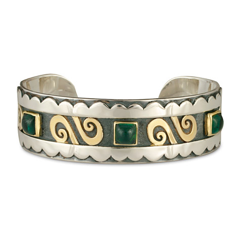Swirl Cuff Bracelet with Gem in 14K Yellow Gold over Silver with Green Tourmaline