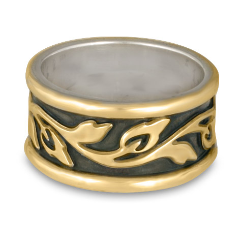 Wide Bordered Flores Wedding Ring in 18K Yellow Gold Borders & Design & Sterling Silver Base