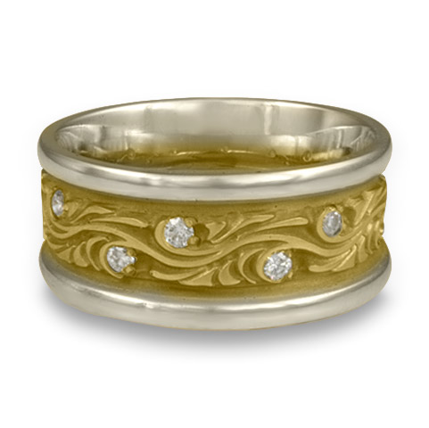 Wide Two Tone Starry Night Wedding Ring with Gems in 18K White Gold & 18K Yellow Gold