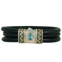 One of a Kind Zig Zag Leather Bracelet with Moonstone in 14K Yellow Gold Design w Sterling Silver Base