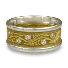 Wide Two Tone Starry Night Wedding Ring with Gems in 18K White Gold Borders w 18K Yellow Gold Center
