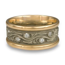 Wide Two Tone Starry Night Wedding Ring with Gems in 14K Yellow Gold Borders w 14K White Gold Center