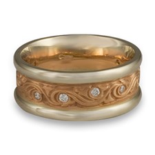 Two Tone Wind and Waves Wedding Ring With Gems in 18K White & Rose Gold
