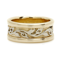 Wide Bordered Flores Wedding Ring in 14K Yellow Gold Base w 14K White Gold Center