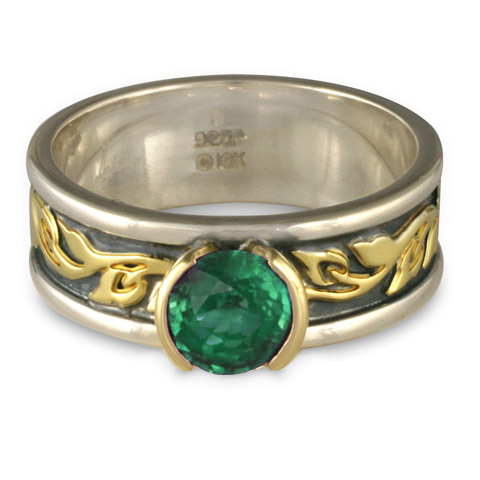 Bordered Flores Engagement Ring in Emerald, Sterling & 18K Gold