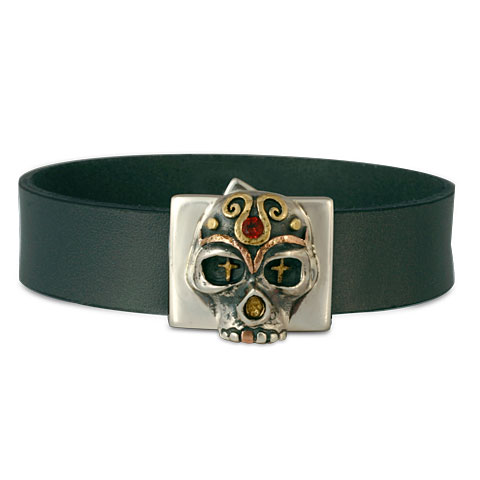 Eva Skull Leather Bracelet in Charcoal
