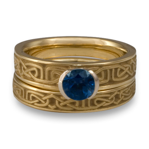 Extra Narrow Labyrinth Bridal Ring Set in 14K Yellow Gold With Sapphire and 14K White Gold Split Mount