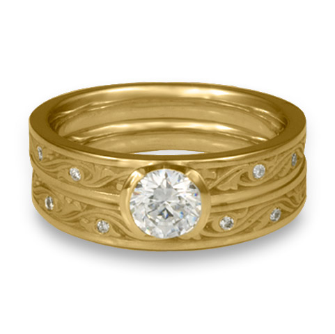 Extra Narrow Wind and Waves Bridal Ring Set with Gems in 14K Yellow Gold