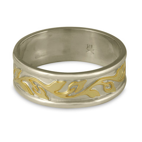 Narrow Bordered Flores Wedding Ring in 14K White Gold Base & 18K Yellow Gold Design