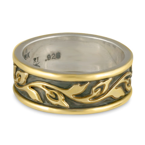 Narrow Bordered Flores Wedding Ring in 18K Yellow Gold Borders & Center Design & Sterling Silver Base