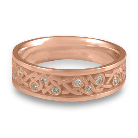 Narrow Celtic Hearts Wedding Ring with Gems in 14K Rose Gold