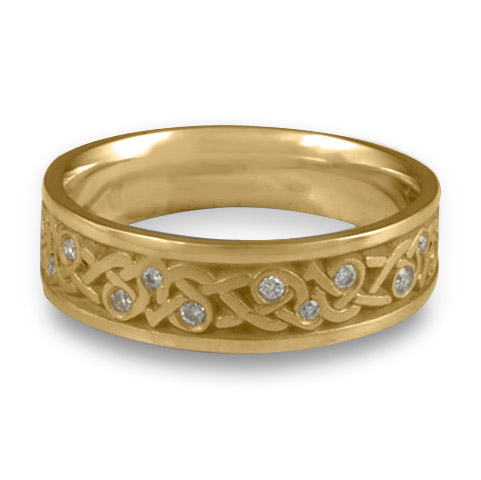 Narrow Celtic Hearts Wedding Ring with Gems in 14K Yellow Gold