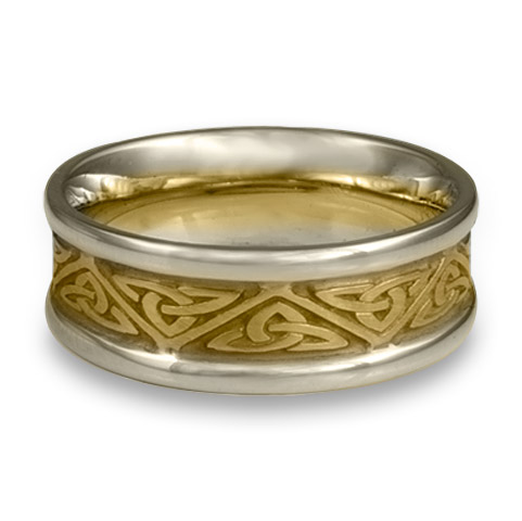 Narrow Two Tone Trinity Knot Wedding Ring in 18K Gold Yellow Borders/White Center Design