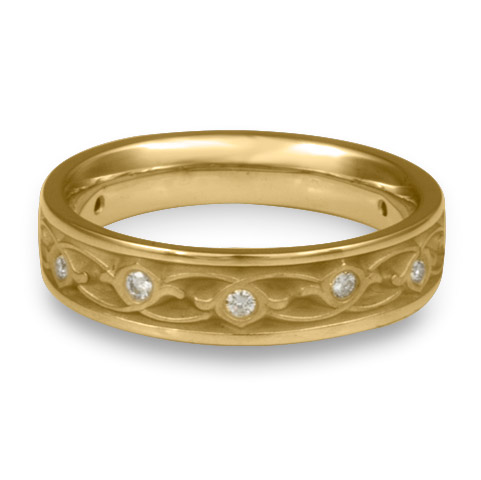 Narrow Water Lilies Wedding Ring with Gems in 14K Yellow Gold