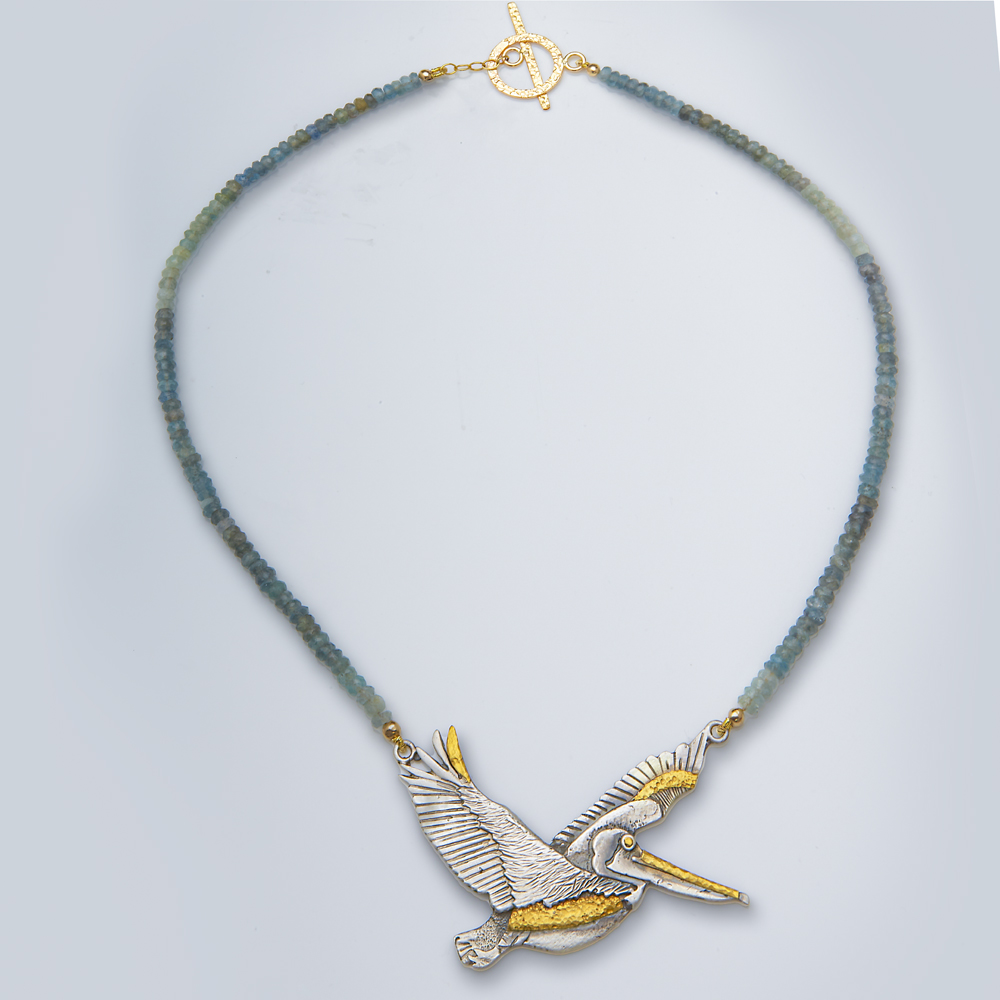 One-of-a-Kind Pelican Pendant with Aquamarine Beads in