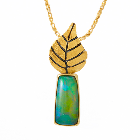 One-of-a-Kind Pillar Leaf Pendant with Ethiopian Opal in 24 K Gold over Sterling Silver Pendant