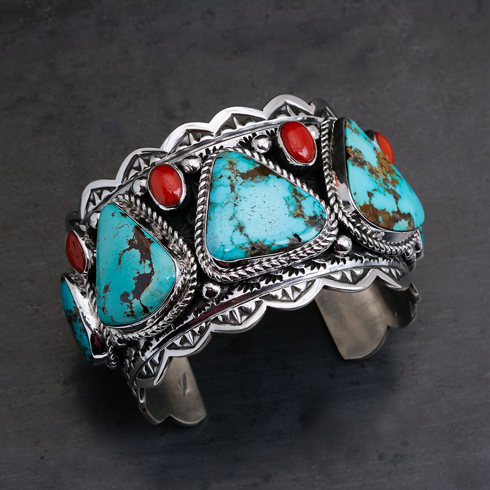 One-of-a-Kind Turquoise and Coral Sterling Silver Cuff in