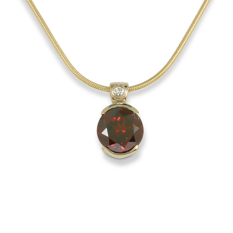 Portugese Cut Garnet Pendant with diamond 14K Gold with Gold Filled Chain in