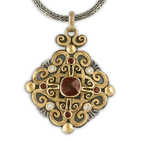 Shonifico Pendant in 14K Yellow Gold, Silver, Garnet, & Diamonds