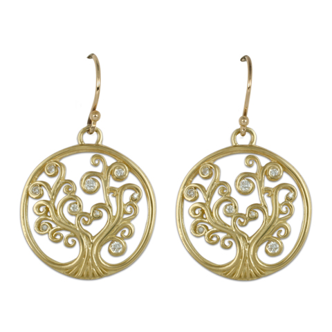 Tree of Life Earrings with Gems in 18K Gold With Diamonds