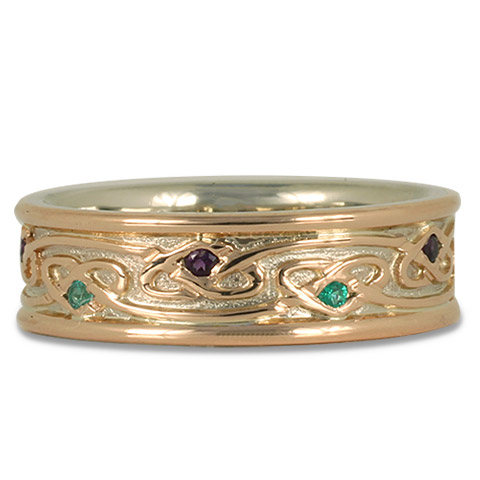 Weaving Heart Bordered Ring with Emerald and Amethyst in 14K White & Rose Gold Center