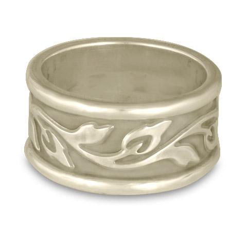 Wide Bordered Flores Wedding Ring in 14K White Gold