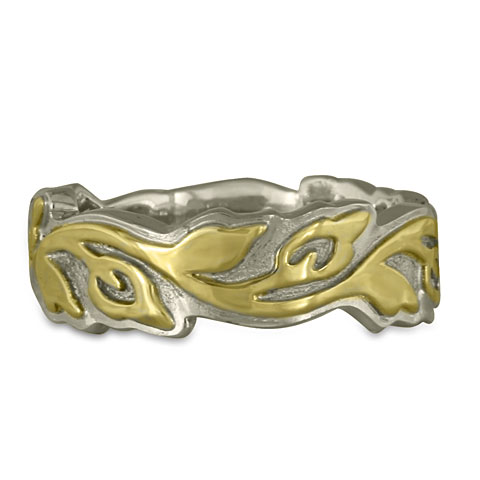 Wide Borderless Flores Wedding Ring in 14K White Base with 18K Yellow Design