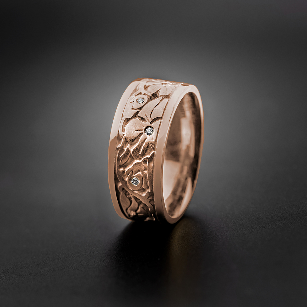 Wide Cherry Blossom Wedding Ring with Gems in