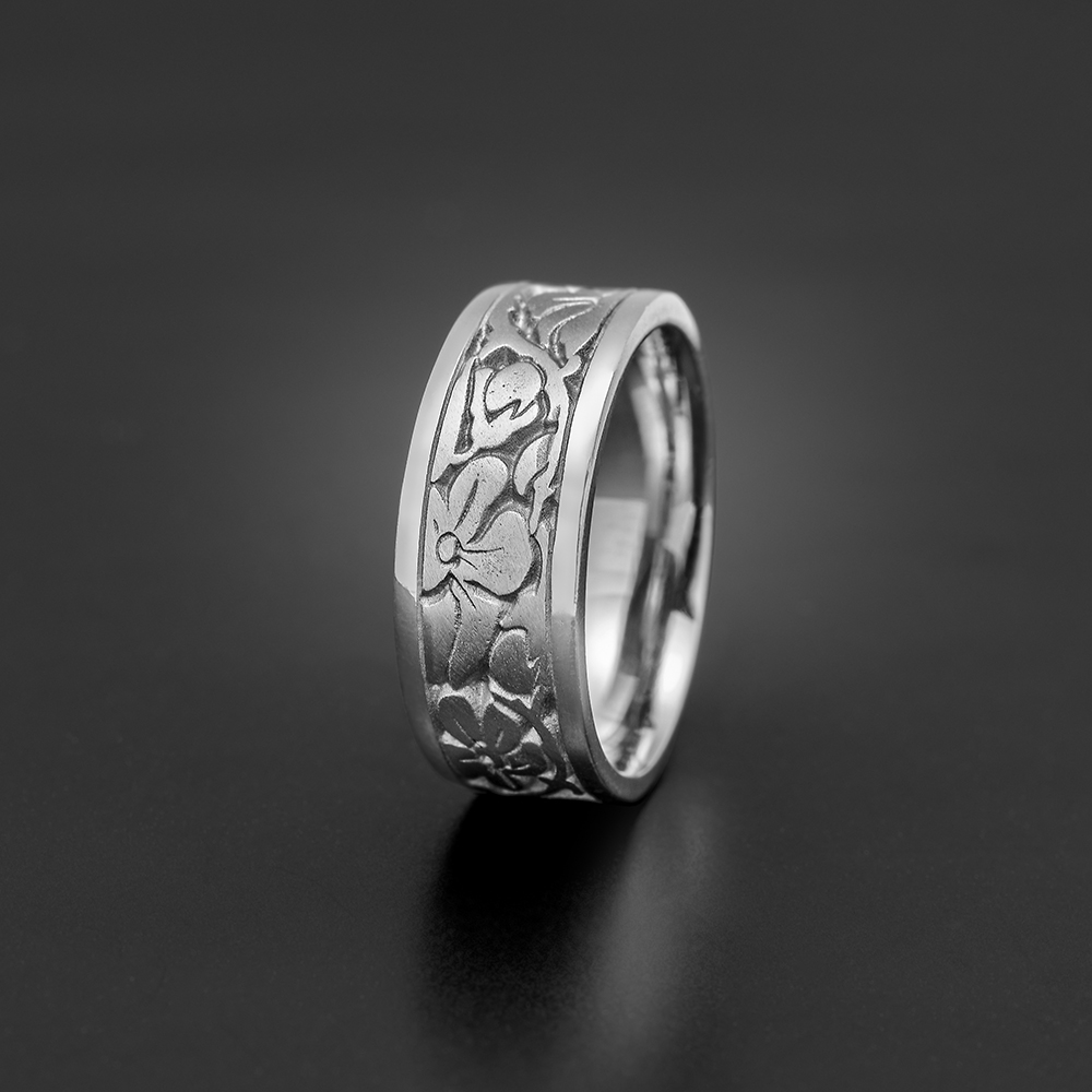Wide Cherry Blossom Wedding Ring with Gems in