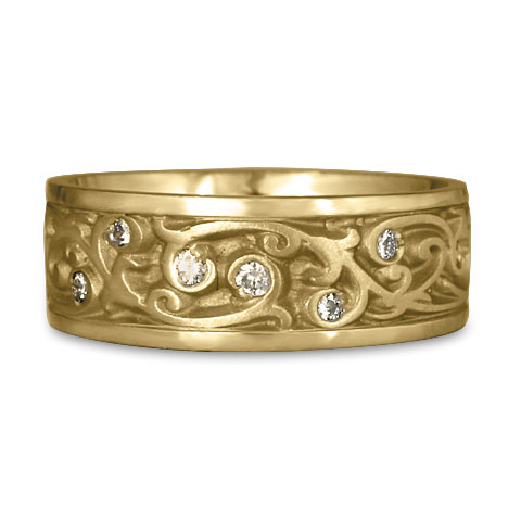 Wide Continuous Garden Gate Wedding Ring with Gems in 14K Yellow Gold