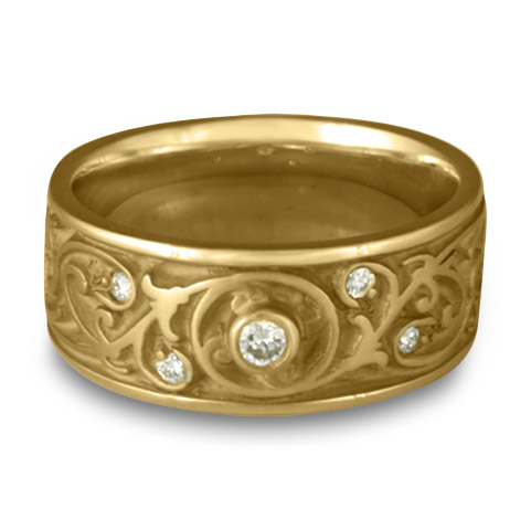 Wide Garden Gate Wedding Ring with Gems in 14K Yellow Gold