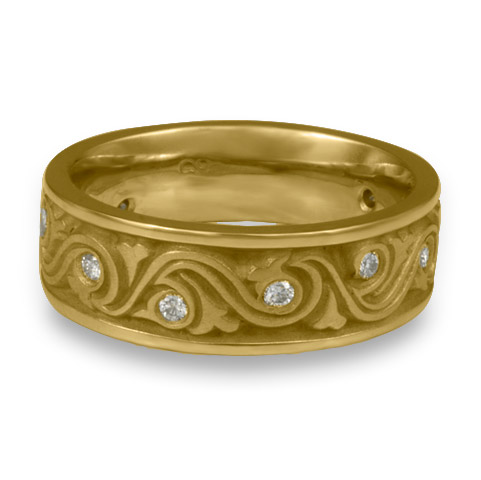 Wide Wind and Waves Wedding Ring with Gems in 18K Yellow Gold