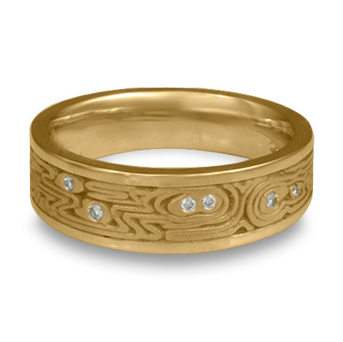 Wide Zen Garden Wedding Ring with Gems in 14K Yellow Gold
