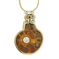 Ammonite Pendant with Gems in 14K Yellow Gold Design w Sterling Silver Base