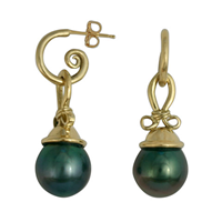 Black Tahitian Pearl Knot Earrings in 18K Yellow Gold