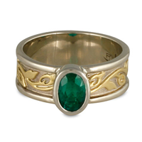 Bordered Flores Emerald Ring in 14K White Gold Borders & Base w 18K Yellow Gold Center