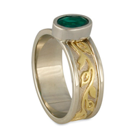 Bordered Flores Emerald Ring in 14K White Gold Borders & Base w 18K Yellow Gold Center