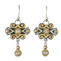 Cascade Earrings with Diamonds in 14K Yellow Gold Borders & Center w Sterling Silver Base 