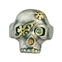 Daisy Skull Ring in 18K Yellow Gold Design w Sterling Silver Base