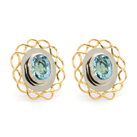 Filigree Stud Earrings with Aquamarine in Two Tone